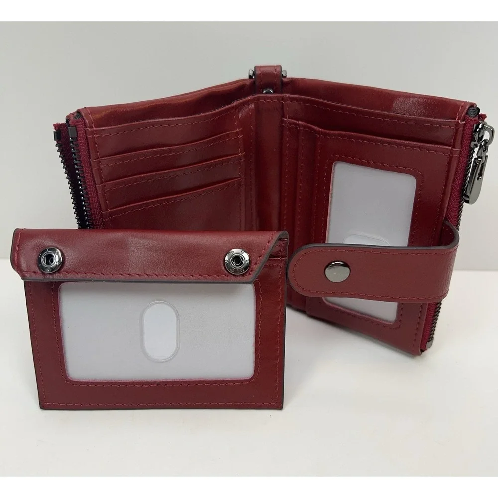 Humerpaul Leather Chain Wallet RFID Blocking Red Multi Card ID Snap Close Bifold
